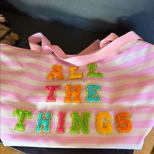Pink Striped Tote Bag with Multicolor Sequin Lettering
